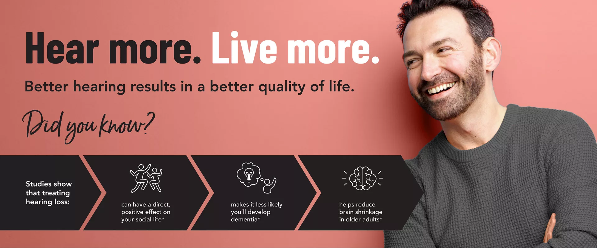 Hear more. Live more. Better hearing results in a better quality of life. Did you know? Studies show that treating hearing loss: can have a direct, positive effect on your social life*, makes it less likely you'll develop dimentia*, and helps reduce brain shrinkage in older adults*