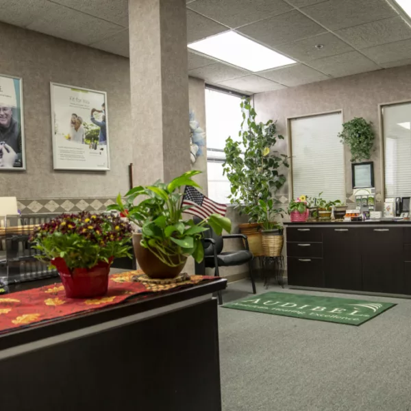 Office waiting room with plants, chairs, carpeted floors