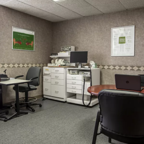 Office interior with hearing diagnostic equipment
