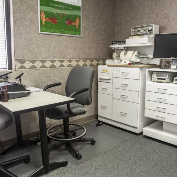 Office interior with hearing diagnostic equipment