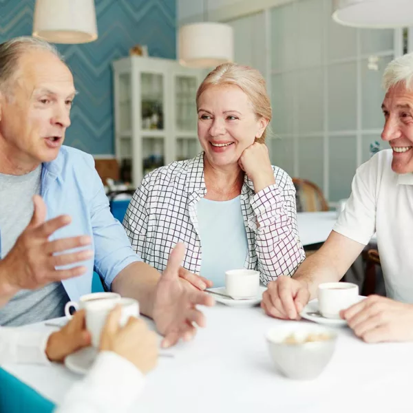 Seniors talking animatedly at a table