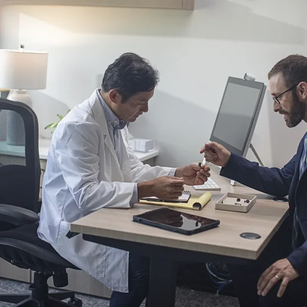 A hearing care specialist explaining The Differences Between In-the-ear and Over-the-ear Hearing Aids to a male patient at a hearing clinic