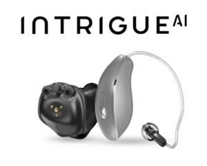 Intrigue AI hearing aids, in the ear and behind the ear models with logo