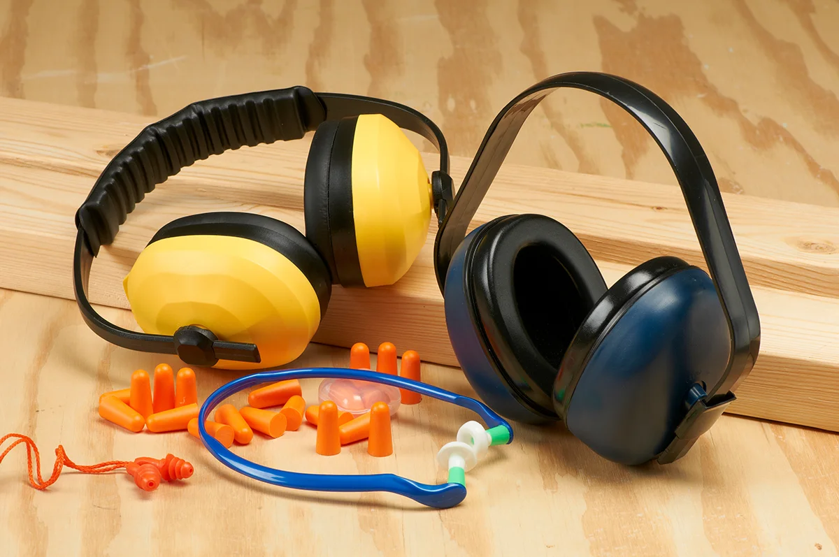 A selection of different styles of hearing protection including, disposable earplugs, reusable earplugs, custom molded earplugs, and ear muffs