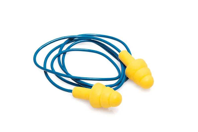 Yellow reusable earplugs made of durable silicone attached to a strong blue cord