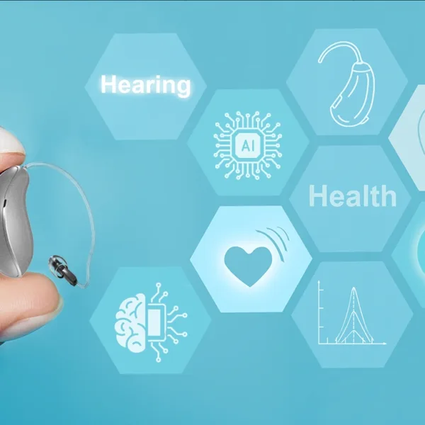 Close-up of a hand holding an AI hearing aid with hearing technology icons floating beside it