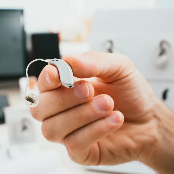 BTE hearing aid close-up in a male hand. Hearing solution, man holds a hearing aid