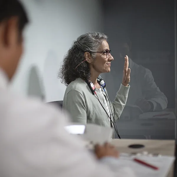 A woman sitting in a soundproof both with her hand raised as she takes a hearing test during a hearing aid consultation at a hearing clinic
