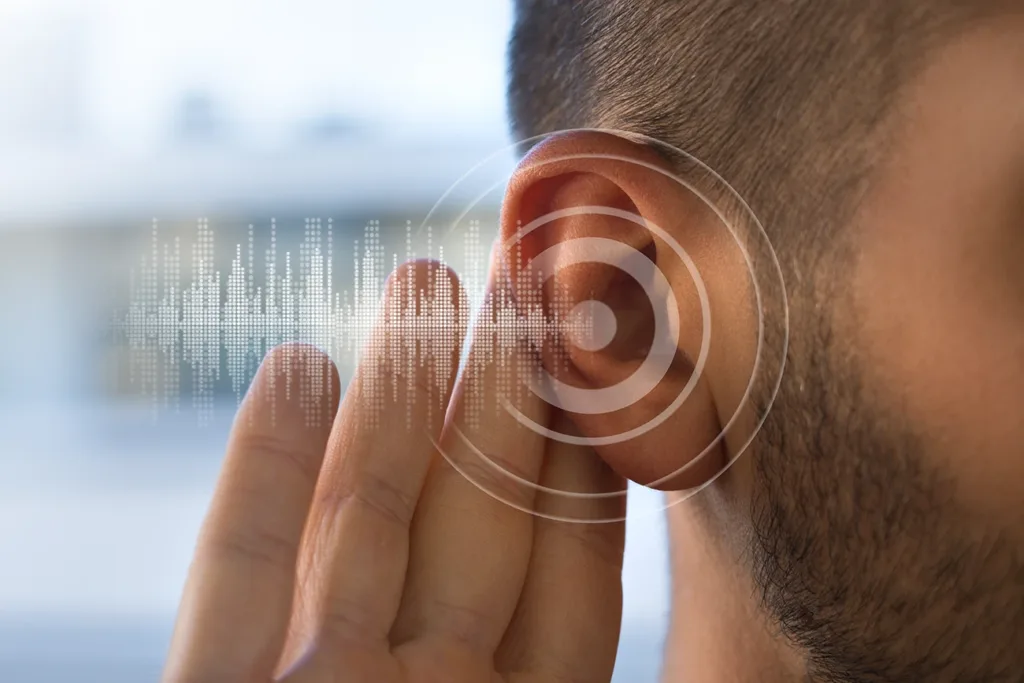 Close up of man holding hand up to his ear, having trouble hearing, trying to hear more clearly; sudden hearing loss concept.