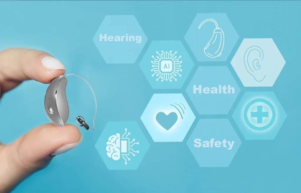 Close-up of a hand holding an AI hearing aid with hearing health and safety icons floating beside it