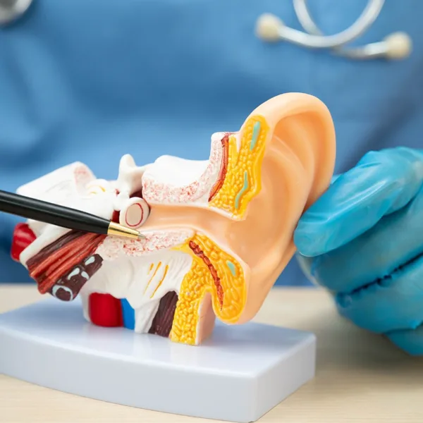 Doctor hold an anatomical model of the human ear, indicating the inner ear, where Acute Acoustic Trauma would cause damage and hearing loss