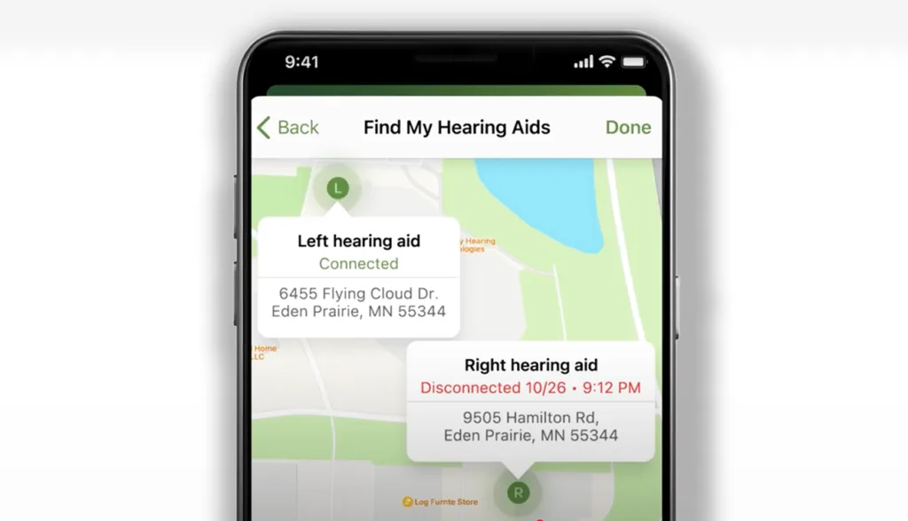 A smartphone screen showing the Find My Hearing Aid app tool available in both the My Audibel and Thrive Hearing Control hearing aid apps and compatible with all Audible brand Bluetooth hearing aids, allowing users to track a lost hearing aid with ease.