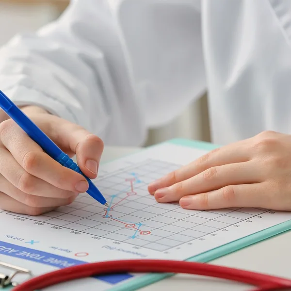 A hearing specialist looking down at an audiogram graphic, showing hearing test results