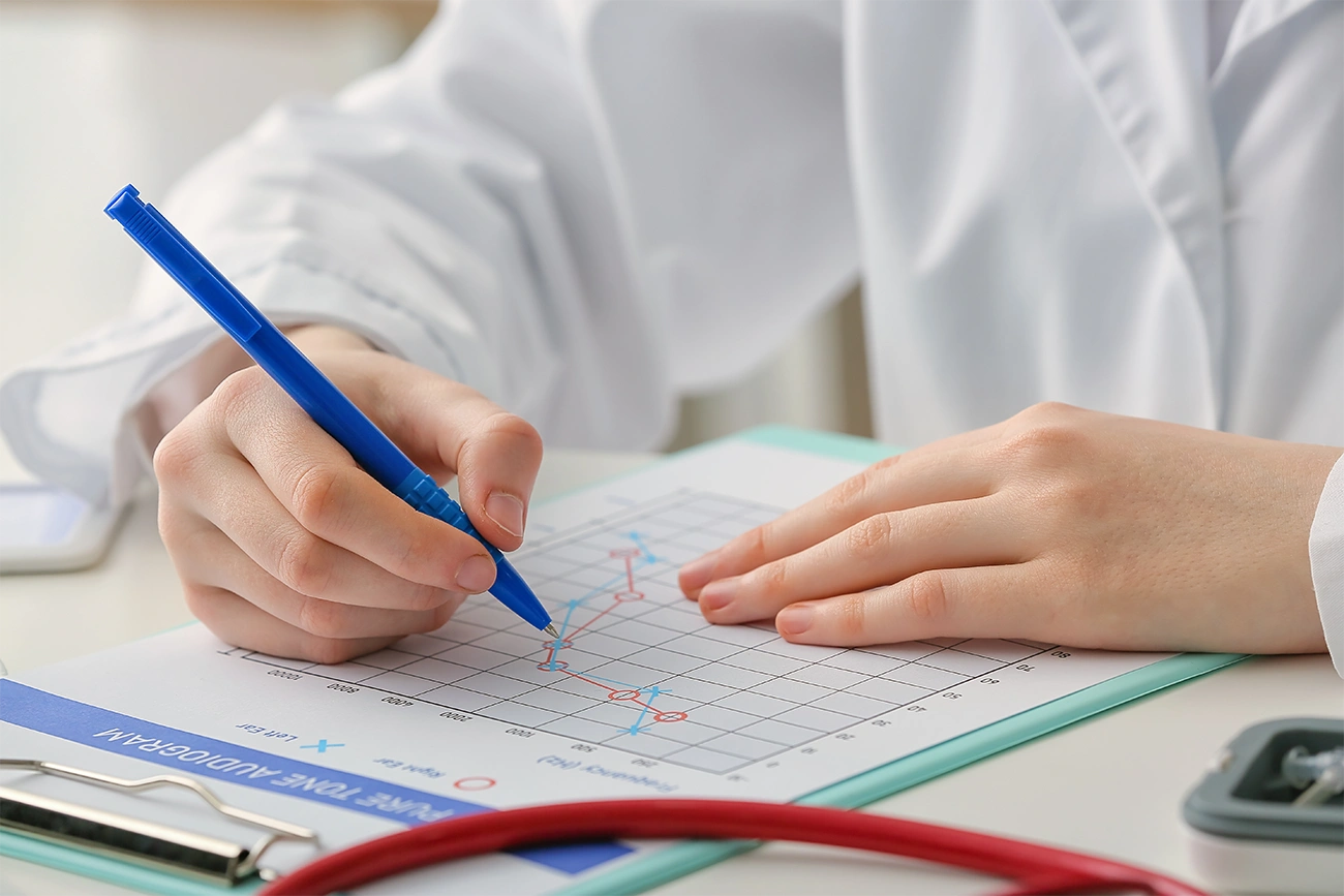 A hearing specialist looking down at an audiogram graphic, showing hearing test results