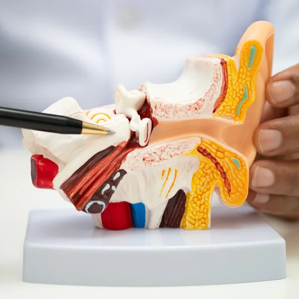 Close up of a medical model of the human ear with a hearing care specialist pointing to the auditory system, as they explain nonsyndromic hearing loss