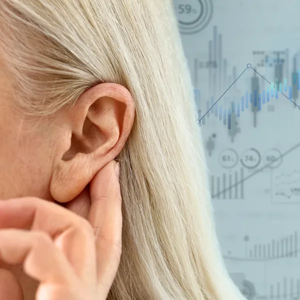 The side profile of a woman holding her hand up to her ear as if to help her hear better, with statistic graphics out of focus in the background, showing the concept of hearing loss statistics in the United States