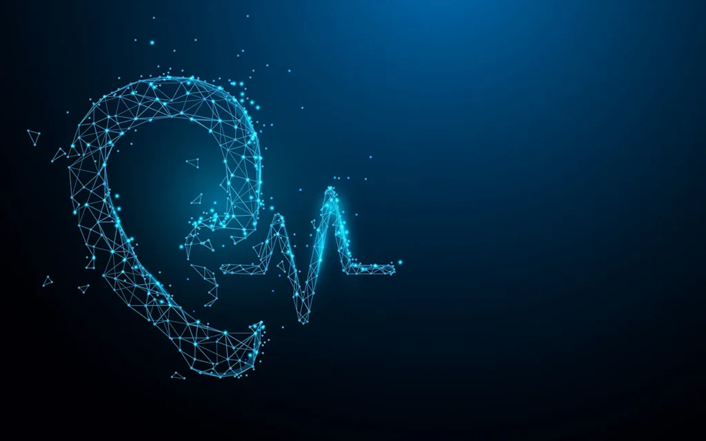 Ear and sound from lines, triangles and particle style design. Symbolizing the latest hearing aid technology.