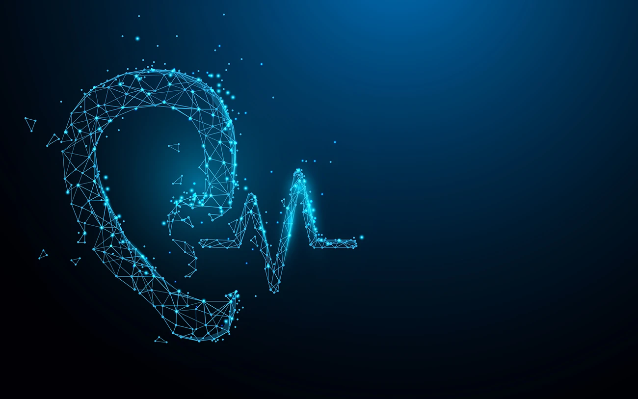 Ear and sound from lines, triangles and particle style design. Symbolizing the latest hearing aid technology.