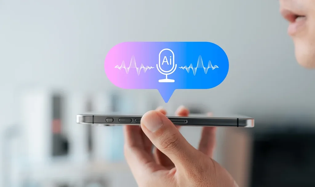 A hand holding out a smartphone speaking to an AI Assistant tool with sound waves and text overlay that reads, "AI." Symbolizing the latest hearing aid technology and Gen AI tool integration. 