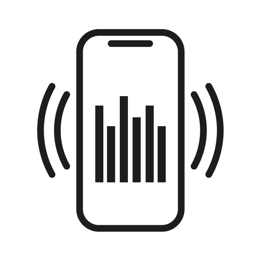 A hearing aid health tracking app icon featuring a digital illustration of the the outline of a smartphone with a bar graph on the screen indicating health data metrics