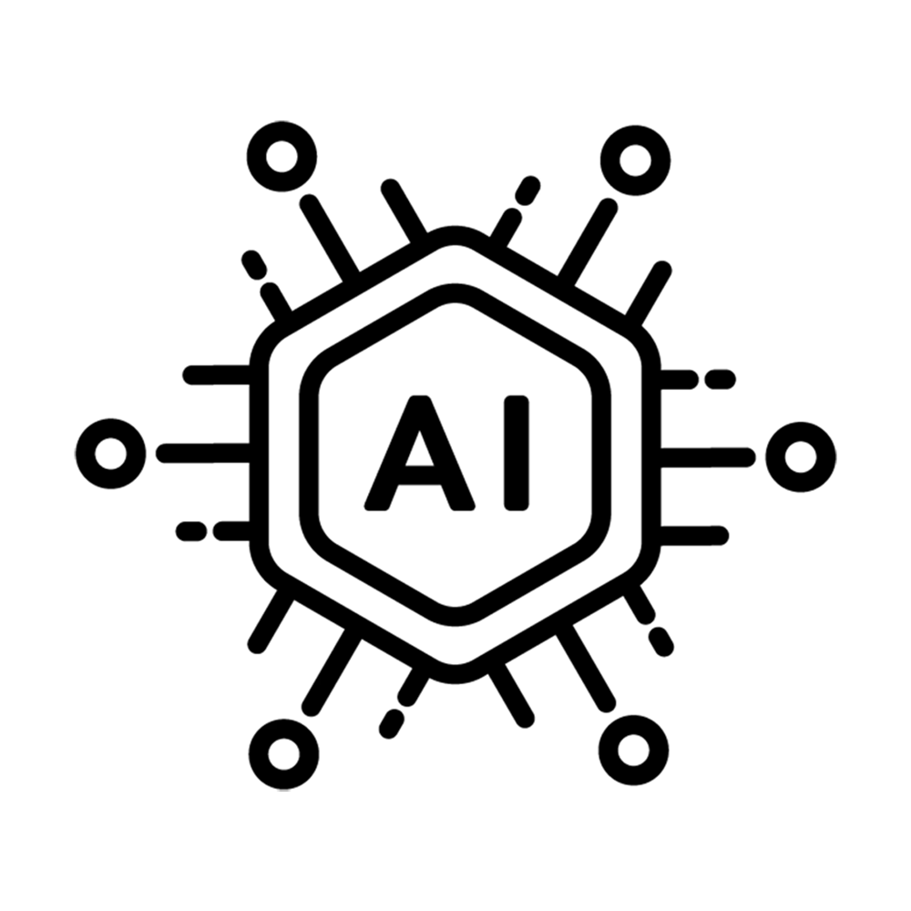 An AI algorithm icon featuring a digital illustration of a computer chip with the text, "AI" in the middle.