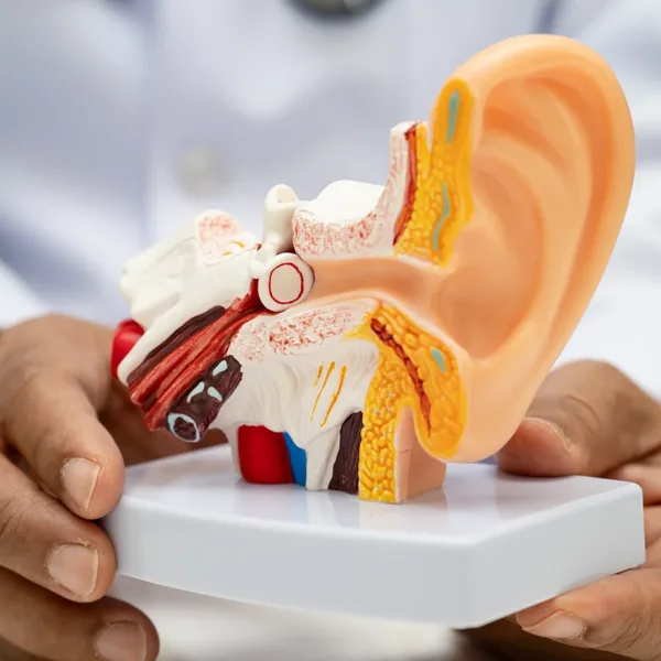 Close up of an anatomically correct model of the human ear, showing the outer, middle, and inner ear being held by a hearing care specialist, explaining what mixed hearing loss is