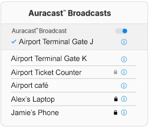 A digital rendering of a smartphone screen displaying a list of nearby Auracast Broadcasts for search-to-connect Auracast Bluetooth LE audio connectivity