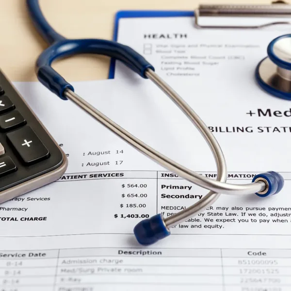 The hidden costs of untreated hearing loss concept with medical bill, calculator, and stethoscope