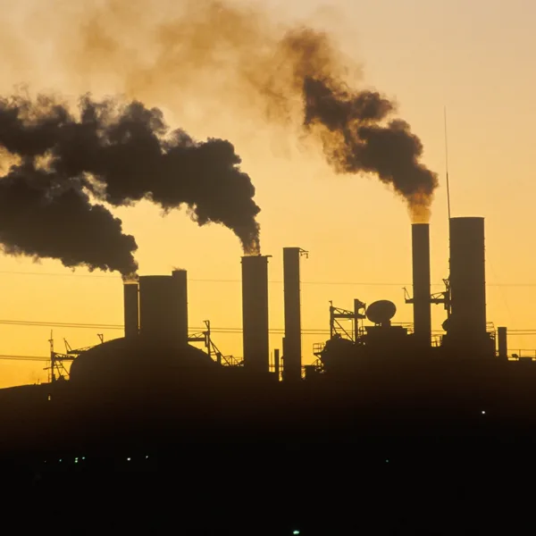 Factory smokestacks venting smoke, blocking out the sun, over a dramatic, yellow sky, symbolizing air pollution and hearing los